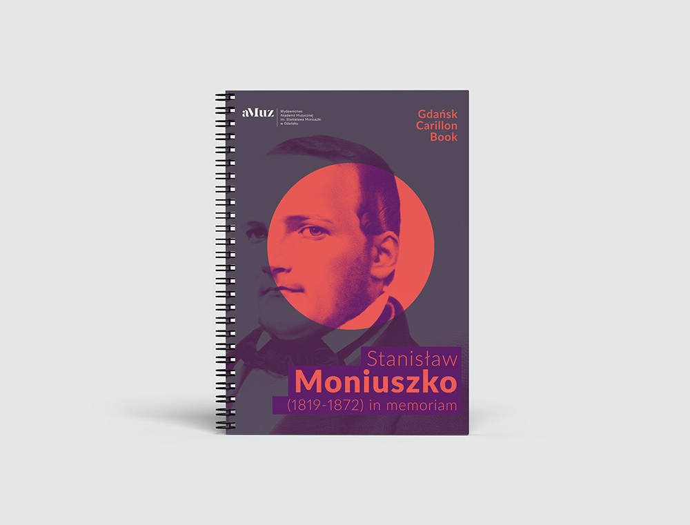 okładka zeszytu nut pod tytułem Gdańsk Carillon Book Muzyka Polska / Music from Poland, na okładce widać sylwetki wieży gdańskiego kościoła św. Katarzyny i ratusza głównego miasta w gdańsku pokazane na tle turkusowego okręgu