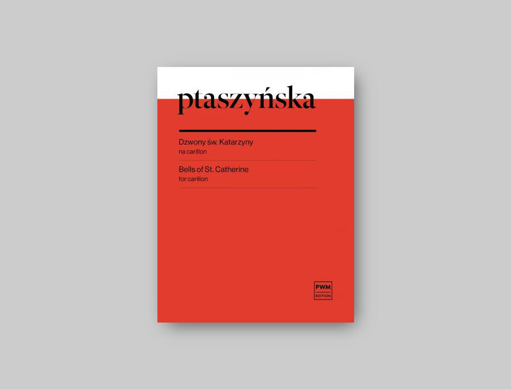 okładka zeszytu nut PWM - Marta Ptaszyńska, Dzwony Św. Katarzyny. Seria nutowa z czerwoną aplą pod tytułem